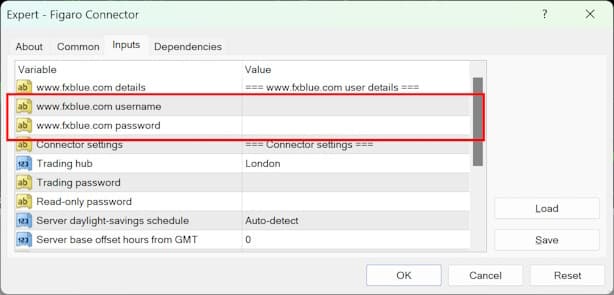 MyTrader Connector EA settings window